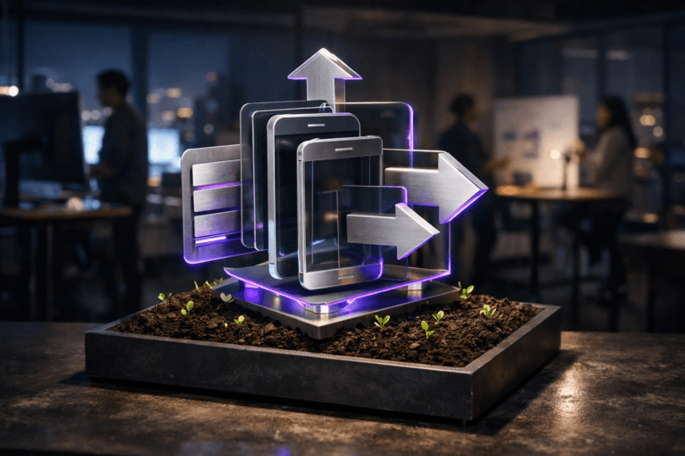 A photorealistic medium-wide cinematic shot, camera positioned approximately 1–2 meters from the subject, capturing a tangible tabletop 3D isometric-style sculpture representing digital navigation design: a polished glass-and-brushed-metal composition of layered mobile screens, directional arrows and menu cards arranged like a compact abstract compass, standing about 40 cm tall on a low rectangular plinth filled with rich dark fertile soil from which tiny green sprouts emerge, the forms clean, minimal and clearly legible from a short distance within a realistic environment. The object integrates subtle electric-purple #7B63FF accent lines and edge glows indicating intelligence or activity without overpowering realism. Set in a dim, late-evening open-plan UX design studio in a modern tech company, with dark concrete floors, glass walls revealing a moody city skyline, large monitors casting cool screen glow, restrained neon purple and teal reflections, and a few diverse designers blurred in the background or periphery calmly collaborating around standing desks and whiteboards, creating a subtle Tech-Noir atmosphere. Lighting is low-key and practical, coming from desk lamps, screens and a soft integrated white spotlight from above and slightly to the side of the sculpture, gently revealing form, texture and depth of the glass, metal and moist soil with sprouts. Cinematic realism, natural shallow-to-medium depth of field, premium materials, ultra-detailed, 8K, no visible text, no UI legible, no watermarks.