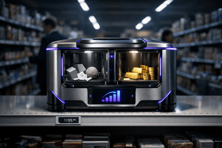 A photorealistic medium-wide cinematic shot, camera positioned approximately 1–2 meters from the subject, capturing a sleek, real-world “conversion engine” machine placed on a pristine white supermarket aisle shelf, designed like a compact high-tech appliance with a transparent central chamber where dull, raw geometric objects and paper receipts enter on one side and small, gleaming gold bars and coins emerge neatly stacked on the other, with a minimal, generic analytics-style logo on its front display, clearly readable within a realistic environment. The object integrates subtle electric-purple #7B63FF accents along its edges, indicator lights and interface glow, suggesting intelligence and activity without overpowering realism. Set in a moody late-evening Tech-Noir supermarket environment, with long aisles of products receding into soft shadow, cool fluorescent ceiling strips, faint reflections on polished floor, and a small digital price tag beneath the machine on the shelf, while a few diverse shoppers and a business professional in the mid-ground are softly out of focus, adding natural human presence in the periphery. Lighting is low-key and practical, complemented by a soft integrated white spotlight from above and slightly to the side, gently revealing the machine’s form, polished metal and glass textures, and the contrast between basic inputs and luminous gold outputs, with shelves and background falling into a gentle vignette. Cinematic realism, natural shallow-to-medium depth of field, premium materials, ultra-detailed, 8K, no captions, no text overlays, no watermarks.