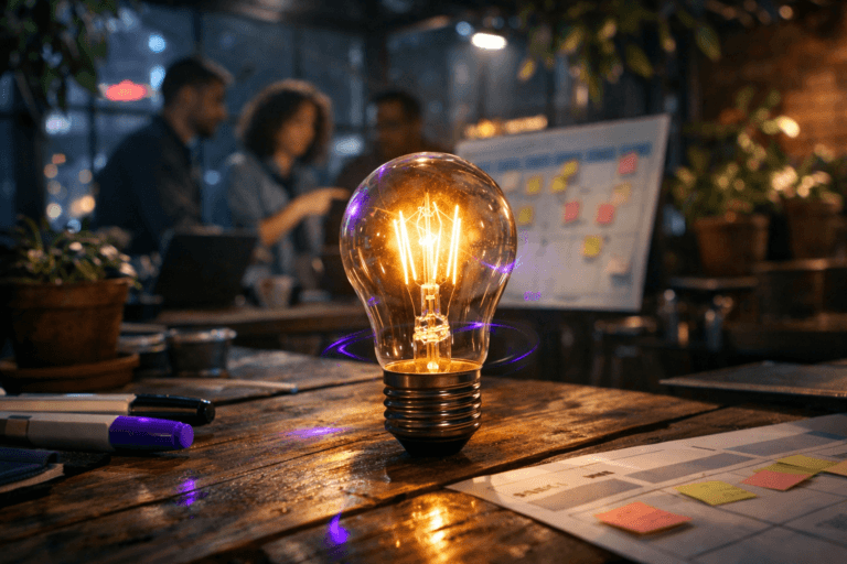 A photorealistic medium-wide cinematic shot, camera positioned approximately 1–2 meters from the subject, capturing a real incandescent light bulb standing upright on a rustic wooden greenhouse workbench as the hero object, its filament glowing intensely and illuminating nearby UX workshop materials like markers, sticky notes, and a partially visible journey-mapping canvas, clearly readable within a realistic environment. The object integrates subtle electric-purple (#7B63FF) accents indicating intelligence or activity without overpowering realism, with faint purple light streaks and reflections on the bulb glass and wood surface suggesting active, participatory design thinking. Set in a nighttime urban greenhouse converted into a collaborative UX lab, with a lived-in potting bench, lush potted plants and hanging foliage enclosing the scene, and glass walls revealing distant city lights and muted neon outside in a Tech-Noir mood, with natural human presence in the background or periphery: a small, diverse group of professionals in smart-casual clothing collaborating candidly over laptops and tablets, pointing at the journey canvas and prototypes, slightly out of focus so the bulb remains the primary focal point. Lighting is low-key and practical, driven by the bright bulb, subtle overhead greenhouse fixtures, and cool glows from device screens, complemented by a soft integrated white spotlight from above and slightly to the side, gently revealing form, texture, and depth in the bulb, wood grain, and leaves. Cinematic realism, 35mm or 50mm photographic look, natural shallow-to-medium depth of field, neutral corporate color palette with restrained electric-purple accents, premium materials, ultra-detailed, 8K, no captions, no text overlays, no watermarks.