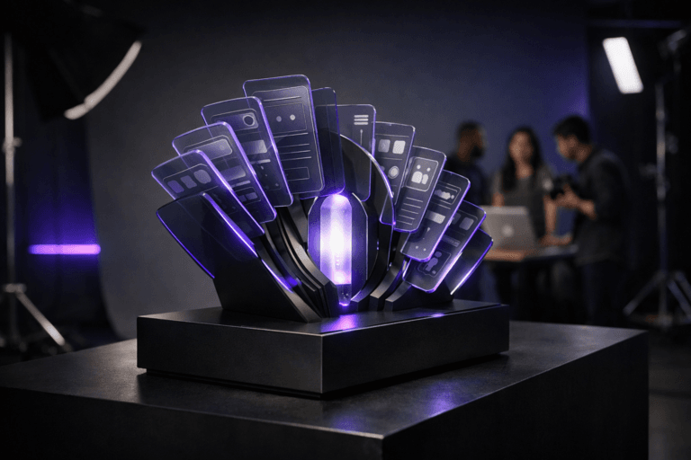 A photorealistic medium-wide cinematic shot, camera positioned approximately 1–2 meters from the subject, capturing a sleek, desk-sized physical sculpture representing persuasive interface design: layered semi-transparent glass and acrylic panels etched with abstract mobile UI layouts, icon-like shapes and button silhouettes, arranged in a gentle arc like a magnet pulling minimalist app screen tiles toward a central core, all mounted on a matte black pedestal with clean edges and premium materials, clearly readable within a realistic environment. The object integrates subtle electric-purple accents indicating intelligence or activity without overpowering realism, with fine inlaid #7B63FF light traces along key edges and a soft internal glow in the central core. Set in an atmospheric contemporary photography studio with a seamless cyclorama backdrop shifting from deep charcoal to midnight blue, subtle electric-purple LED strips grazing the background, professional softboxes and light stands pushed to the edges, and a couple of diverse, realistically rendered UX designers and a photographer conferring near a laptop workstation in soft focus in the periphery. Lighting is low-key and practical, complemented by a soft integrated white spotlight from above and slightly to the side, gently revealing form, texture, and depth of the sculpture and pedestal while leaving the studio environment moodily subdued. Cinematic realism, natural shallow-to-medium depth of field, 35mm lens look, neutral corporate tones with restrained neon accents, premium materials, ultra-detailed, 8K, no text, no captions, no watermarks.