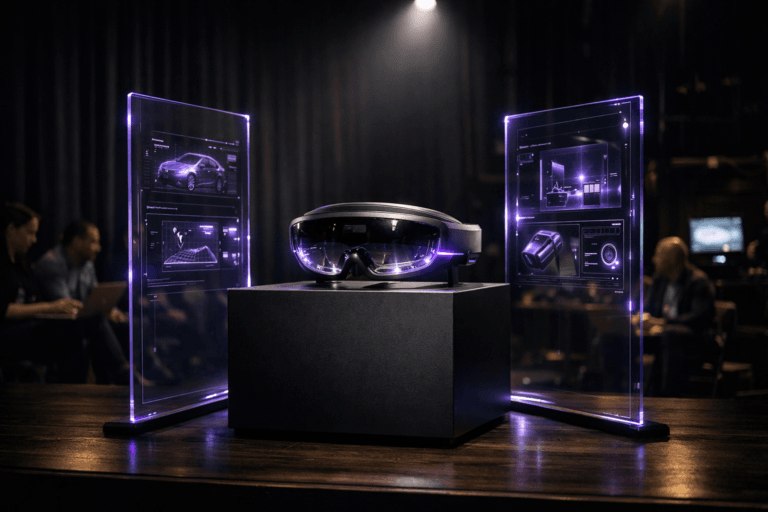 A photorealistic medium-wide cinematic shot, camera positioned approximately 1–2 meters from the subject, capturing a sleek, real-world hero object: a premium augmented-reality design sculpture consisting of a transparent AR headset resting on a matte-black pedestal, framed by two thin, semi-transparent glass panels that show layered holographic-style UI elements, product previews, and spatial guidelines etched and softly illuminated along their edges, all clearly readable and physically grounded within the scene. The object integrates subtle electric-purple (#7B63FF) light traces and edge glows along the headset and panels, indicating intelligence and live data without overpowering the natural materials or realism. Set on a dark wooden theater stage during a minimalist tech conference, with heavy curtains fading into shadow, a few softly lit monitors and stage equipment at the periphery, and a small, diverse group of professionals seated in the dim audience and near the wings, observing and quietly collaborating on laptops and tablets, keeping the stage sculpture as the clear focal point within a grounded Tech-Noir atmosphere. Lighting is low-key and practical, combining the warm cone of a single overhead spotlight with subtle rim light from nearby stage fixtures and screen glow, complemented by a soft integrated white spotlight from above and slightly to the side, gently revealing form, texture, and depth of the headset, pedestal, and glass panels while letting the background fall into tasteful shadow. Cinematic realism, natural shallow-to-medium depth of field, premium materials, ultra-detailed, 8K, 35mm lens look, neutral corporate palette with restrained electric-purple neon accents, no captions, no text overlays, no watermarks.