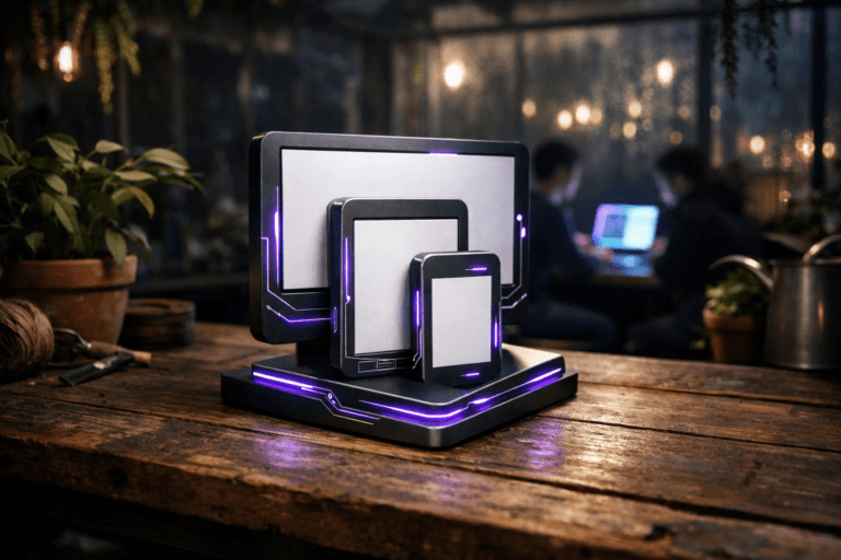 A photorealistic medium-wide cinematic shot, camera positioned approximately 1–2 meters from the subject, capturing a physical 3D isometric-style responsive design icon as a small sculptural object on a rustic wooden greenhouse workbench: a stack of interlocking metallic frames representing phone, tablet, and desktop screens in different sizes, each slightly rotated in an isometric arrangement, with clean white and charcoal surfaces, subtle electric-purple #7B63FF edge glows and circuit-like inlays hinting at intelligent, adaptive UX, clearly readable within a realistic environment. The object integrates subtle electric-purple accents indicating intelligence or activity without overpowering realism. Set in a dim, modern greenhouse studio at night, with the wooden bench surrounded by lush potted plants and hanging greenery, misted glass walls catching distant city lights, and a couple of UX designers softly out of focus in the background working on laptops at a side table, their screens casting a cool cyan-violet glow that reinforces the Tech-Noir atmosphere while remaining secondary to the hero object. Lighting is low-key and practical, coming from overhead greenhouse fixtures, laptop screens, and a nearby desk lamp, complemented by a soft integrated white spotlight from above and slightly to the side of the icon, gently revealing its form, brushed-metal texture, and depth while creating moody shadows across the wooden surface. Cinematic realism, natural shallow-to-medium depth of field, premium materials, ultra-detailed, 8K, neutral corporate color palette with restrained neon accents, no captions, no on-screen text, no watermarks.