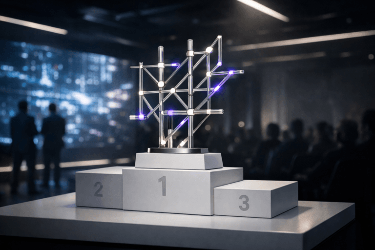 A photorealistic medium-wide cinematic shot, camera positioned approximately 1–2 meters from the subject, capturing a sleek physical award sculpture inspired by a subway map, built from intersecting brushed-metal lines and translucent glass rails with small glowing node-like junctions, mounted on a minimalist white trophy base and placed prominently on a pristine white three-tier awards podium with distinct 1st, 2nd and 3rd place levels, clearly readable within a realistic environment. The object integrates subtle electric-purple #7B63FF light accents pulsing softly along selected lines and nodes to indicate intelligence and orchestration without overpowering realism. Set in a dark, high-end corporate auditorium during a tech awards ceremony with a subtle tech-noir mood, featuring a large abstract data-visualization LED wall and linear architectural light strips in cool neutral tones with restrained neon accents in the background, faint silhouettes of a diverse audience and a few standing professionals visible in the periphery, slightly out of focus. Lighting is low-key and practical, coming from the LED wall, recessed ceiling lights and floor edge strips, complemented by a soft integrated white spotlight from above and slightly to the side that gently sculpts the sculpture and podium, revealing form, texture and depth on the metal, glass and matte white surfaces. Cinematic realism, 35–50mm lens look, natural shallow-to-medium depth of field, subtle atmospheric haze, premium materials, ultra-detailed, 8K, no text, no captions, no watermarks.
