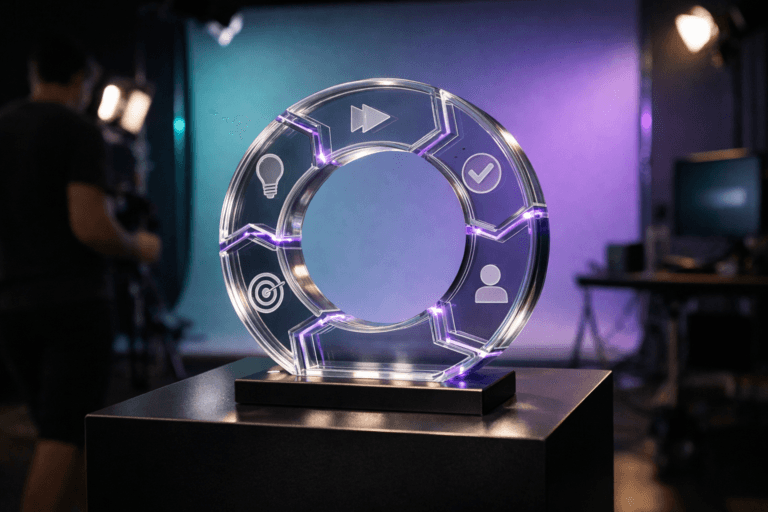 A photorealistic medium-wide cinematic shot, camera positioned approximately 1–2 meters from the subject, capturing a refined physical tabletop sculpture that represents the Design Sprint process: a circular arrangement of five interlocking translucent acrylic segments forming a continuous loop like a miniature workflow track, with clean beveled edges, subtle UI-inspired engravings, and premium, slightly reflective materials, resting on a sleek pedestal in the studio, clearly readable within a realistic environment. The object integrates subtle electric-purple accents indicating intelligence or activity without overpowering realism. Set in a contemporary photography studio featuring a colored infinity cyclorama backdrop, subtle neon purple and teal edge lights, and professional lighting gear and monitors fading into shadow, with natural human presence in the background or periphery. Lighting is low-key and practical, complemented by a soft integrated white spotlight from above or the side, gently revealing form, texture, and depth. Cinematic realism, natural depth of field, 35mm lens look, premium materials, ultra-detailed, 8K, no text, no watermarks.