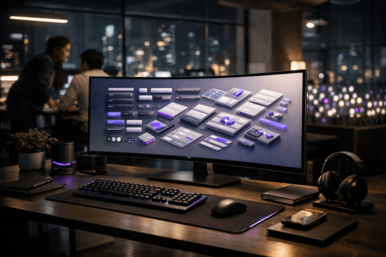 A photorealistic medium-wide cinematic shot, camera positioned approximately 1–2 meters from the subject, capturing a large ultra-thin 34-inch curved monitor on a sleek designer’s desk, its screen displaying a 3D isometric design-system library of modular UI components neatly organized in a harmonious grid over a soft gradient background, with premium peripherals and organized desk accessories clearly readable within a realistic environment. The object integrates subtle electric-purple (#7B63FF) accents indicating intelligence or activity without overpowering realism. Set in an open-plan UX design studio at night, with a couple of softly blurred, diverse designers collaborating at nearby desks, glass walls revealing a futuristic city skyline with subtle neon reflections and decorative LED panels evoking a stylized low-poly flower field, with natural human presence in the background or periphery. Lighting is low-key and practical, complemented by a soft integrated white spotlight from above or the side, gently revealing form, texture, and depth. Cinematic realism, natural depth of field, premium materials, ultra-detailed, 8K, no captions, no text overlays, no watermarks.