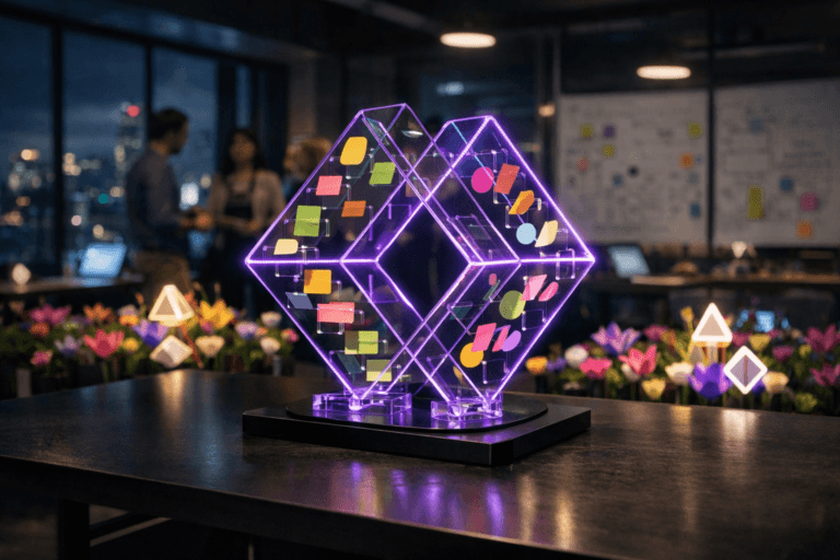A photorealistic medium-wide cinematic shot, camera positioned approximately 1–2 meters from the subject, capturing a refined real-world hero object: a premium desk-sized sculpture physically representing Design Thinking, made of interlocking translucent acrylic layers and floating acrylic tiles that subtly resemble colorful sticky notes and stylized flower petals, arranged in a dynamic circular “double diamond” shape on a sleek dark conference table, with soft electric-purple #7B63FF light threads pulsing through its edges to indicate intelligence and activity without overpowering realism. The object integrates subtle electric-purple accents indicating intelligence or activity without overpowering realism. Set in a modern corporate innovation lab at night with a tech-noir atmosphere, large windows revealing a moody city skyline, and an indoor “field” of stylized low-poly-inspired flower planters and geometric light sculptures scattered across the floor and around the space, evoking a colorful flower field in a realistic way; whiteboards and glass walls lightly covered in UX sketches and post-its sit in the background. A small, diverse, multidisciplinary team in smart-casual attire is seen candidly collaborating in the periphery and background, slightly out of focus, emphasizing the sculpture as the focal point. Lighting is low-key and practical, coming from overhead architectural fixtures, laptop screens, and the city glow outside, complemented by a soft integrated white spotlight from above and slightly to the side of the sculpture, gently revealing form, texture, and depth of the materials. Cinematic realism, 35mm lens look, natural shallow-to-medium depth of field, neutral corporate tones with restrained neon blues and electric purple accents, premium materials, ultra-detailed, 8K, no captions, no text overlays, no watermarks.