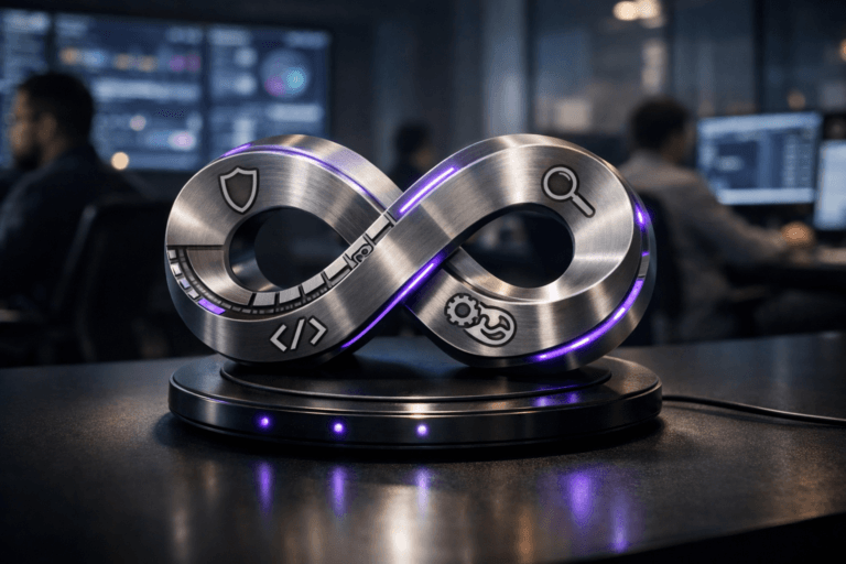 A photorealistic medium-wide cinematic shot, camera positioned approximately 1–2 meters from the subject, capturing a polished, modular desktop sculpture physically representing DevOps as interlocking brushed-metal loops and circuit-like tracks, inspired by colorful 3D isometric diagrams but rendered as a tangible object, resting on a sleek black circular wireless charging pad on a dark matte workstation desk, with subtle etched icons hinting at code, CI/CD pipelines, security, and observability clearly readable within a realistic environment. The object integrates subtle electric-purple (#7B63FF) accents as fine light strips along its edges and tiny indicator glows on the charging base, suggesting intelligence and continuous flow without overpowering realism. Set in a modern tech-noir DevOps command center inside a glass-walled corporate office at night, with large wall-mounted dashboards and multiple monitors softly visible in the background, cool neutral screens casting ambient light, and a diverse team of engineers and SREs working at their stations in soft focus as natural human presence in the periphery. Lighting is low-key and practical, coming from monitor glow, a distant window, and a few desk lamps, complemented by a soft integrated white spotlight from above and slightly to the side, gently revealing the sculpture’s form, metal texture, and the glossy surface of the wireless charging pad, with subtle reflections on the desk. Cinematic realism, 35mm lens look, natural shallow-to-medium depth of field, premium materials, ultra-detailed, 8K, no captions, no text overlays, no watermarks.