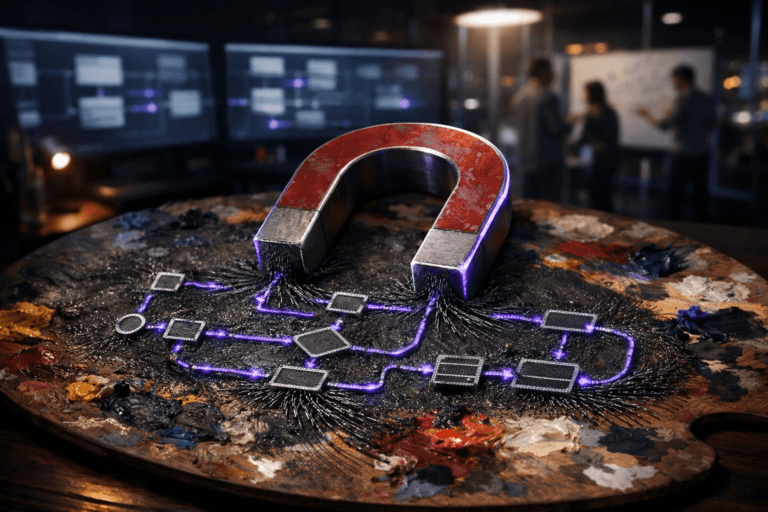 A photorealistic medium-wide cinematic shot, camera positioned approximately 1–2 meters from the subject, capturing a real metallic horseshoe magnet resting on a dark wooden desk, placed on top of a well-used artist’s palette smeared with thick, colorful oil paints, iron filings arranged in crisp magnetic field lines that subtly form the shape of a clean, organized user-flow diagram, clearly readable within a realistic environment. The object integrates subtle electric-purple #7B63FF accents indicating intelligence or activity without overpowering realism, with faint neon-purple reflections along the magnet’s edges and a gentle purple glow threading through some of the iron-filings paths. Set in a dimly lit late-night UX design studio with a Tech-Noir mood, ultrawide monitors in the background softly out of focus displaying abstracted wireframes and user-flow maps, glass walls hinting at a modern corporate office and distant city lights, with natural human presence in the background or periphery as diverse UX designers and product managers collaborate at their workstations and discuss flows near a whiteboard. Lighting is low-key and practical, coming from monitors, a desk lamp, and the city outside, complemented by a soft integrated white spotlight from above and slightly to the side, gently revealing the form, texture, and depth of the magnet, filings, and paint on the palette. Cinematic realism, natural depth of field, 35mm lens look, premium materials, ultra-detailed, 8K, no on-screen text, no captions, no watermarks.