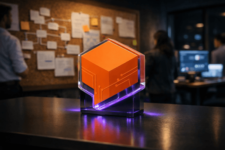 A photorealistic medium-wide cinematic shot, camera positioned approximately 1–2 meters from the subject, capturing a physical 3D isometric sculpture of the official Google Dialogflow logo on a sleek dark desk, the logo rendered as a solid, premium acrylic object with clean edges and subtle circuitry-like details hinting at conversational flows, clearly readable within a realistic environment. The object integrates subtle electric-purple #7B63FF accents along its base and edges, suggesting intelligent activity through soft internal reflections and a faint halo on the desk surface, without overpowering the natural orange of the Dialogflow mark or the overall realism. Set in a dimly lit, modern marketing operations office at night with a large natural cork pinboard wall behind the desk, filled with pinned flow diagrams, blurred analytics printouts and sticky notes, and multiple monitors in the background showing softly out-of-focus dashboards and chatbot performance graphs, evoking a Black Friday campaign war room. A few diverse professionals in smart-casual attire move and collaborate in the periphery and background, partially out of focus, glancing at the corkboard and screens, their presence secondary to the Dialogflow logo sculpture. Lighting is low-key and practical, coming from the computer screens, a warm desk lamp, and a cool window glow, complemented by a soft integrated white spotlight from above and slightly to the side, gently revealing the form, texture, and depth of the 3D Dialogflow logo and the natural texture of the cork wall. Cinematic realism, 35mm lens look, natural shallow-to-medium depth of field, neutral corporate tones with restrained electric-purple neon accents, premium materials, ultra-detailed, 8K, no captions, no text overlays, no watermarks.