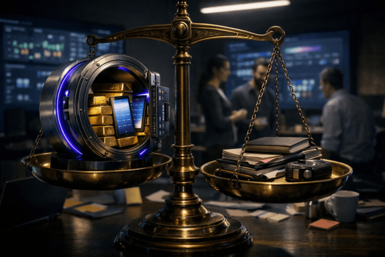 A photorealistic medium-wide cinematic shot, camera positioned approximately 1–2 meters from the subject, capturing a circular bank vault-style safe as the hero object, slightly open and scaled to sit securely atop one pan of an antique brass balance scale, its heavy door revealing meticulously stacked gold bars interspersed with a few slim glassy digital tablets showing softly glowing, blurred diary-style app interfaces, with the opposite pan subtly weighted by printed research notebooks and a small audio recorder, all clearly readable as real physical objects. The object integrates subtle electric-purple (#7B63FF) accents indicating intelligence and activity, such as a fine neon edge along the vault door, gentle UI glows on the tablets, and faint reflections on the polished brass and steel, without overpowering the neutral, corporate palette of brushed metal, brass, charcoal, and soft teal. Set in a dark, modern Tech-Noir product analytics war-room environment, a lived-in UX research lab with large wall-mounted screens in the background displaying defocused dashboards, heatmaps, funnels, and timeline views from diary studies, surrounded by desks with laptops, sticky notes, and coffee mugs, while a small, diverse group of realistic product and marketing professionals stand and sit in the periphery, candidly discussing insights as they glance toward the screens and the central experiment table holding the scale. Lighting is low-key and practical, coming from the wall screens, laptop displays, and a few overhead linear fixtures, complemented by a soft integrated white spotlight from above and slightly to the side that gently sculpts the vault, scale, and gold bars, revealing fine textures, reflections, and depth; background figures are naturally lit but slightly subdued, with a shallow-to-medium, natural depth of field keeping the vault and balance scale in crisp focus while the environment falls into a tasteful blur. Cinematic realism, subtle Tech-Noir mood, premium materials, ultra-detailed, 8K, no captions, no text overlays, no watermarks.