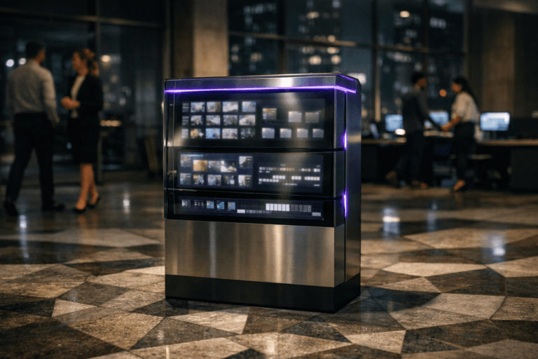 A photorealistic medium-wide cinematic shot, camera positioned approximately 1–2 meters from the subject, capturing a sleek, waist-high physical “Digital Asset Management” control pedestal as the hero object: a solid glass-and-brushed-metal monolith standing on the floor, its front and top surfaces composed of stacked, slightly offset translucent panels and embedded frameless screens displaying soft-focus grids of image and video thumbnails, folders, and timelines, all clearly readable as organized digital content but without any legible text or specific brands. Discreet light strips and UI accents along the pedestal edges glow in subtle electric purple #7B63FF, suggesting intelligent activity and data flow without looking sci-fi or overpowering realism. Set in the polished lobby of a modern corporate innovation hub at night, built around a complex geometric mosaic floor in muted stone and concrete tones, with the intricate tessellated pattern leading toward the pedestal; glass walls reveal darkened city buildings outside, and in the background there are a few softly blurred, diverse professionals in business-casual attire walking past or collaborating near low workstations with dimly glowing monitors, reinforcing a real-world enterprise environment. Lighting is low-key and practical, coming from overhead architectural fixtures, screen glow, and a soft integrated white spotlight from above and slightly to the side that gently reveals the form, texture, and reflections on the pedestal and the mosaic floor, casting controlled shadows and adding depth. Cinematic realism, 35mm lens look, natural shallow-to-medium depth of field, premium materials, ultra-detailed, 8K, neutral corporate color palette with restrained neon purple accents, no captions, no text overlays, no watermarks.