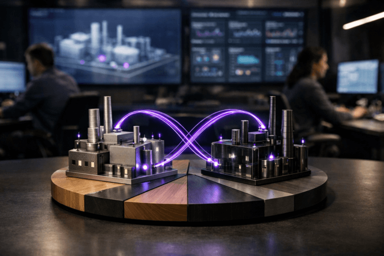 A photorealistic medium-wide cinematic shot, camera positioned approximately 1–2 meters from the subject, capturing a tangible desk sculpture representing a Digital Twin: two mirrored miniature industrial factory structures in brushed metal and smoked glass, connected by thin illuminated data-like arcs, mounted at the center of a circular wooden pie-chart made of painted segments resting on a dark matte conference table, clearly readable within a realistic environment. The object integrates subtle electric-purple #7B63FF accents pulsing along the connecting arcs and at small indicator points on the miniature machines, indicating intelligence or activity without overpowering realism. Set in a contemporary industrial control room at night, with floor-to-ceiling screens on the far wall displaying a softly blurred 3D model of a factory and real-time process dashboards, and a few diverse engineers in business-casual attire working at their workstations in the background, partially out of focus, reinforcing the sense of an operational command center in a tech-noir mood. Lighting is low-key and practical, coming from the wall screens, a desk lamp and overhead linear LEDs, complemented by a soft integrated white spotlight from above that gently highlights the Digital Twin sculpture and the wooden pie chart, revealing form, texture, subtle reflections and depth. Cinematic realism, 35mm lens look, natural shallow depth of field, neutral corporate color palette with restrained electric-purple neon accents, premium materials, ultra-detailed, 8K, no text, no captions, no watermarks.