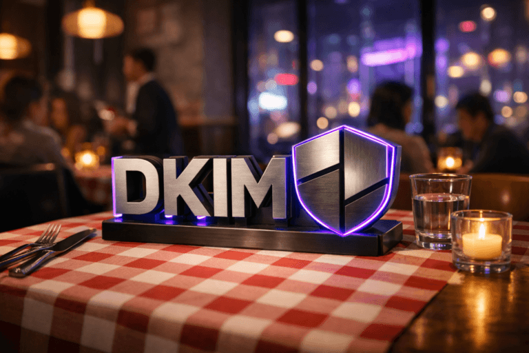 A photorealistic medium-wide cinematic shot, camera positioned approximately 1–2 meters from the subject, capturing a solid 3D isometric DKIM logo as the hero object — a premium acrylic and brushed-metal desk sculpture with the stylized DKIM wordmark and geometric shield motif, edges subtly illuminated with electric purple #7B63FF accents to suggest encrypted intelligence — clearly readable on a real restaurant table. The logo sits on a wooden restaurant table covered with a classic red-and-white checkered tablecloth, with cutlery, a water glass, and a small candle nearby, all grounded and physically accurate. Set in a contemporary urban restaurant at night with large windows hinting at a neon-lit city street outside, blurred patrons and staff in the background adding natural human presence and diversity while remaining secondary and slightly out of focus. Lighting is low-key and practical, coming from warm pendant lamps, the candle on the table, and cool purplish reflections from the city outside, complemented by a soft integrated white spotlight from the side that gently reveals the form, texture, and depth of the DKIM sculpture without harsh glare. Neutral corporate tones dominate the environment — wood, soft grays, muted reds from the tablecloth — with restrained electric-purple tech-noir accents reflected on the logo and nearby surfaces. Shot with a 35mm photographic look at table height, natural shallow-to-medium depth of field that keeps the DKIM logo in crisp focus while softly blurring the restaurant interior. Cinematic realism, natural depth of field, premium materials, ultra-detailed, 8K, no text overlays beyond the DKIM logo itself, no watermarks.