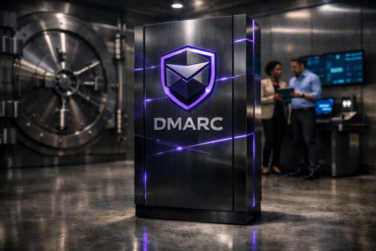 A photorealistic medium-wide cinematic shot, camera positioned approximately 1–2 meters from the subject, capturing a sleek real-world hero object: a solid 3D DMARC control-console monolith in front of the viewer, built from brushed dark metal and smoked glass, with a clearly visible DMARC logo and engraved wordmark on its face, the logo combining shield and email-envelope shapes to suggest authenticated email protection, subtle electric-purple (#7B63FF) edge lighting and animated light lines running through it to indicate intelligent activity, all physically grounded on a polished concrete floor. The object integrates subtle electric-purple accents indicating intelligence or activity without overpowering realism. Set in a high-security bank vault reimagined as a modern cyber command room, with thick brushed stainless steel walls, massive circular vault door, heavy locking mechanisms, and a few wall-mounted monitoring screens casting a cool cyan glow; in the background, a diverse pair of professionals in business attire and smart-casual clothing stand near the vault entrance and a side console, candidly reviewing data on a tablet, softly out of focus so the DMARC console remains the clear focal point. Lighting is low-key and practical, coming from the vault’s overhead fixtures and glowing screens, complemented by a soft integrated white spotlight from above and slightly to the side, gently revealing the form, texture, and depth of the DMARC logo console and the reflective steel walls while leaving the far corners in moody shadow for a subtle Tech-Noir atmosphere. Cinematic realism, neutral corporate tones with restrained neon purple accents, natural shallow-to-medium depth of field, shot on a full-frame camera with a 35mm lens, premium materials, ultra-detailed surfaces and reflections, 8K, no captions, no UI text, no floating elements, no watermarks.