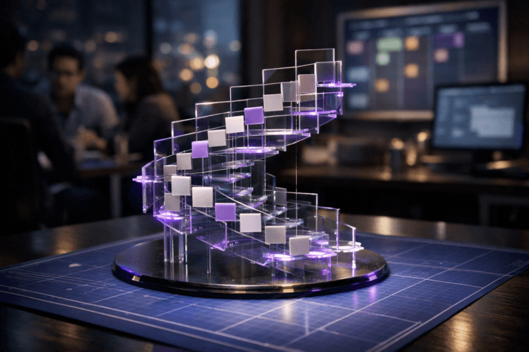 A photorealistic medium-wide cinematic shot, camera positioned approximately 1–2 meters from the subject, capturing a stylized yet physically plausible desktop sculpture representing Agile Documentation: interlocking semi-transparent glass sheets and kanban-style tiles arranged in a dynamic stepped spiral, subtly supported by thin transparent rods, resting on a large blue blueprint-style grid sheet stretched flat across a modern desk, clearly readable within a realistic environment. The object integrates subtle electric-purple accents indicating intelligence or activity without overpowering realism. Set in a dimly lit late-night product war room in a modern tech office, with computer monitors and a digital kanban board glowing softly in the background, city lights visible through a window, and a diverse group of product and engineering professionals slightly out of focus collaborating around the same table in the periphery, with natural human presence in the background or periphery. Lighting is low-key and practical, complemented by a soft integrated white spotlight from above or the side, gently revealing form, texture, and depth. Cinematic realism, natural depth of field, premium materials, ultra-detailed, 8K. Shot on a 35mm lens, subtle filmic grain, neutral corporate tones with restrained neon purple #7B63FF reflections on glass edges and desk surfaces, interfaces abstracted with no legible text, no captions, no text overlays, no watermarks.