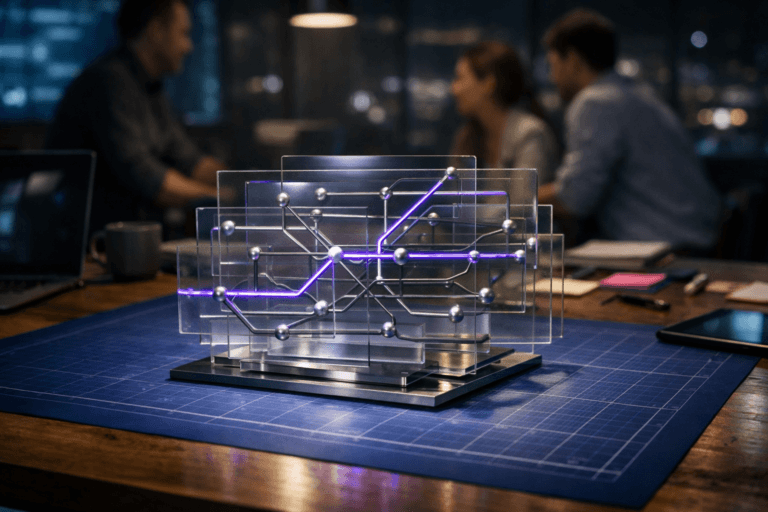 A photorealistic medium-wide cinematic shot, camera positioned approximately 1–2 meters from the subject, capturing a refined real-world hero object: a premium glass-and-metal desktop sculpture that represents product documentation as a living “metro map” of the product, composed of several semi-translucent, slightly floating rectangular plates stacked at slight offsets like pages, crisscrossed by thin raised metallic lines and circular nodes, with subtle electric-purple (#7B63FF) light tracing along a few key paths to suggest intelligent, dynamic flows, clearly readable within a realistic environment. The object sits centered on a large blue grid blueprint sheet tightly stretched across a spacious wooden project table, surrounded by softly blurred everyday items like laptops, pens, sticky notes and a tablet, in a modern product management war room at night in a glass-walled tech office, city lights and faint interface screens glowing in the background. The object integrates subtle electric-purple accents indicating intelligence or activity without overpowering realism. Set in this optimized real-world Tech-Noir environment, a few diverse product professionals stand and sit around the table in the background and periphery, naturally posed in discussion, slightly out of focus so the sculpture remains the hero. Lighting is low-key and practical, coming from overhead pendant lamps, laptop screens and a distant window, complemented by a soft integrated white spotlight from above and slightly to the side, gently revealing the sculpture’s form, glass reflections, metal texture and the texture of the blueprint paper, with soft shadows and a natural shallow-to-medium depth of field using a 35mm cinematic lens. Cinematic realism, neutral corporate palette with restrained neon purple accents, premium materials, ultra-detailed, 8K, no captions, no text overlays, no watermarks.