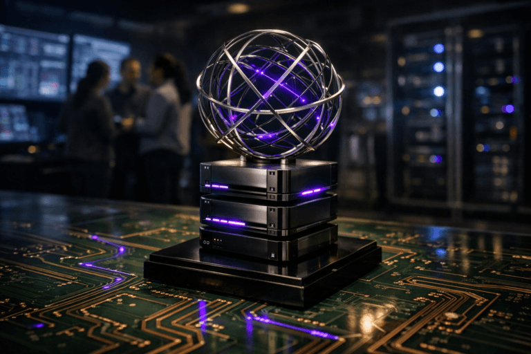A photorealistic medium-wide cinematic shot, camera positioned approximately 1–2 meters from the subject, capturing a premium metal-and-glass desk sculpture symbolizing Domain and DNS: a polished black base supporting stacked, server-like blocks and an openwork globe of intersecting chrome rings threaded with fine cable-like lines, placed on a large green tabletop designed like an oversized printed circuit board with detailed copper traces, clearly readable within a realistic environment. The object integrates subtle electric-purple #7B63FF accents indicating intelligence or activity, with a faint pulse of purple light running along some of the copper traces and within the globe’s inner lines, without overpowering realism. Set in a dark, high-end network operations center at night, with the giant circuit-board tabletop extending into the foreground, softly glowing wall-mounted monitors and glass-walled server racks in the background, and a small, diverse group of IT professionals in soft focus conferring near the screens at the room’s edge. Lighting is low-key and practical, coming from the monitors, indicator LEDs and a few overhead fixtures, complemented by a soft integrated white spotlight from the upper side gently revealing the sculpture’s form, texture, and depth. Cinematic realism, natural depth of field, 35mm lens look, premium materials, ultra-detailed, 8K, no text, no UI elements, no watermarks.