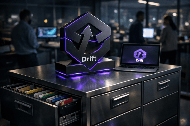 A photorealistic medium-wide cinematic shot, camera positioned approximately 1–2 meters from the subject, capturing a solid physical 3D Drift logo as the hero object, rendered in an isometric-inspired form factor, made of premium matte acrylic with subtle gloss edges, mounted on the top of a sleek steel filing cabinet whose drawers are slightly open, with neatly organized folders and color-coded labels clearly visible on the drawer fronts; the official Drift logo mark is cleanly printed on the front face of the 3D object and also appears smaller on a nearby laptop screen on the cabinet, both clearly readable within a realistic environment. The object integrates subtle electric-purple (#7B63FF) accents along its edges and base and as a faint glow reflecting onto the steel surface, indicating intelligence and digital activity without overpowering realism. Set in a modern B2B sales operations “war room” office at night, with rows of metal filing cabinets, desks with dual monitors showing abstract analytics dashboards, glass walls, and a soft city glow outside, Tech-Noir mood created through cool neutral tones, screen light, and restrained neon reflections, with natural human presence in the background and periphery: a diverse group of professionals in smart-casual attire collaborating near workstations and walking past, slightly out of focus so the Drift logo and filing cabinet remain primary. Lighting is low-key and practical, coming from computer monitors, a distant window, and a few overhead office fixtures, complemented by a soft integrated white spotlight from the side gently revealing the form, texture, and depth of the 3D Drift logo and brushed steel cabinet. Cinematic realism, 35mm lens look, slight angle above the cabinet for a quasi-isometric perspective, natural shallow-to-medium depth of field, premium materials, ultra-detailed surfaces, subtle reflections and shadows, Tech-Noir corporate color palette with electric purple accents, 8K, no captions, no text overlays, no watermarks.