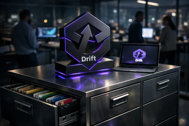 A photorealistic medium-wide cinematic shot, camera positioned approximately 1–2 meters from the subject, capturing a solid physical 3D Drift logo as the hero object, rendered in an isometric-inspired form factor, made of premium matte acrylic with subtle gloss edges, mounted on the top of a sleek steel filing cabinet whose drawers are slightly open, with neatly organized folders and color-coded labels clearly visible on the drawer fronts; the official Drift logo mark is cleanly printed on the front face of the 3D object and also appears smaller on a nearby laptop screen on the cabinet, both clearly readable within a realistic environment. The object integrates subtle electric-purple (#7B63FF) accents along its edges and base and as a faint glow reflecting onto the steel surface, indicating intelligence and digital activity without overpowering realism. Set in a modern B2B sales operations “war room” office at night, with rows of metal filing cabinets, desks with dual monitors showing abstract analytics dashboards, glass walls, and a soft city glow outside, Tech-Noir mood created through cool neutral tones, screen light, and restrained neon reflections, with natural human presence in the background and periphery: a diverse group of professionals in smart-casual attire collaborating near workstations and walking past, slightly out of focus so the Drift logo and filing cabinet remain primary. Lighting is low-key and practical, coming from computer monitors, a distant window, and a few overhead office fixtures, complemented by a soft integrated white spotlight from the side gently revealing the form, texture, and depth of the 3D Drift logo and brushed steel cabinet. Cinematic realism, 35mm lens look, slight angle above the cabinet for a quasi-isometric perspective, natural shallow-to-medium depth of field, premium materials, ultra-detailed surfaces, subtle reflections and shadows, Tech-Noir corporate color palette with electric purple accents, 8K, no captions, no text overlays, no watermarks.