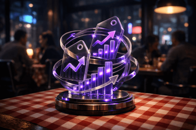 A photorealistic medium-wide cinematic shot, camera positioned approximately 1–2 meters from the subject, capturing a tangible, stylized tabletop sculpture representing Dynamic Pricing as the hero object — a premium, real-world physical piece composed of interlocking translucent acrylic tiles shaped like price tags and bar charts, layered rings and arrows suggesting fluctuating prices and data streams, with subtle embedded electric-purple #7B63FF LED accents indicating intelligent real-time adjustment — clearly readable on a wooden restaurant table covered with a classic red-and-white checkered tablecloth. The object integrates subtle electric-purple accents indicating intelligence or activity without overpowering realism. Set in a contemporary urban restaurant at night with a Tech-Noir mood, visible city lights and soft neon reflections through large windows, blurred diverse diners conversing in the background, chrome and dark-wood furnishings, and cool ambient light from street signs and screens contrasting with warmer table lamps. Lighting is low-key and practical, coming from overhead pendant lamps, window glow, and screen spill, complemented by a soft integrated white spotlight from the side that gently reveals the sculpture’s form, glassy textures, and precise details while keeping the environment moody and cinematic. Cinematic realism, natural shallow-to-medium depth of field, premium materials, ultra-detailed, 8K, no text, no captions, no watermarks.