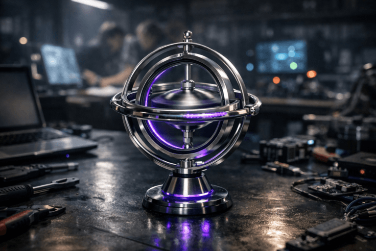 A photorealistic medium-wide cinematic shot, camera positioned approximately 1–2 meters from the subject, capturing a precision-engineered metallic gyroscope spinning in perfect balance on a dark robotics workbench, its polished steel frame and enhanced structural arms crisply detailed and clearly readable within a realistic environment. The object integrates subtle electric-purple (#7B63FF) LED accents along its inner ring and base, indicating intelligence or activity without overpowering realism. Set in a dimly lit robotics assembly lab at night, with scattered tools, electronic components, and open laptops on the worktable, softly glowing monitors and indicator lights casting cool reflections, and a few engineers blurred in the background reviewing schematics, all within a moody Tech-Noir atmosphere. Lighting is low-key and practical, complemented by a soft integrated white spotlight from above or the side, gently revealing form, texture, and depth. Cinematic realism, natural depth of field, premium materials, ultra-detailed, 8K.