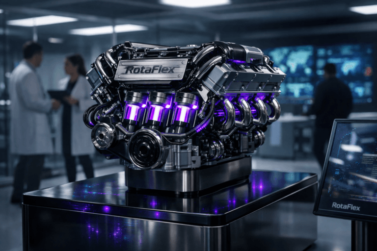 A photorealistic medium-wide cinematic shot, camera positioned approximately 1–2 meters from the subject, capturing a stylized yet fully realistic V8 engine mounted on a sleek pedestal in the center of a high-tech clean room, pistons partially visible through cutaway panels with a subtle sense of motion, polished metal surfaces and embedded sensor cabling, the RotaFlex logo clearly visible on a brushed-metal badge on the engine block and discreetly repeated in the corner of a nearby glass control screen, clearly readable within a realistic environment. The object integrates subtle electric-purple #7B63FF LED accents along the pistons and cabling, plus faint purple data-like reflections on the pedestal, indicating intelligence and continuous algorithmic activity without overpowering realism. Set in a futuristic sterile clean-room operations lab with glass walls, cool white floors and ceiling panels, and a distant wall of semi-blurred dashboards showing maps, graphs, and dynamic gig-economy metrics on large screens (no legible text), with a few diverse professionals in lab coats and smart-casual attire moving naturally in the background, discussing tablets and screens, softly out of focus and clearly secondary to the engine. Lighting is low-key and practical, coming from overhead clean-room panels, glowing control screens, and subtle purple accent LEDs, complemented by a soft integrated white spotlight from above and slightly to the side, gently revealing the engine’s form, texture, and depth while letting the background fall into cooler shadows. Cinematic realism, 35mm lens look, natural shallow-to-medium depth of field, premium materials, ultra-detailed, crisp reflections, Tech-Noir atmosphere with restrained neon accents, 8K, no captions, no text overlays, no watermarks.