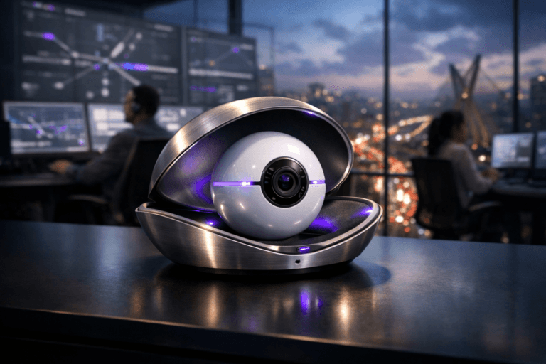 A photorealistic medium-wide cinematic shot, camera positioned approximately 1–2 meters from the subject, capturing a sleek edge AI traffic-control device inspired by a perfect pearl resting inside an open metallic shell, the pearl-like central core formed as a glossy white sphere with an integrated camera lens and sensor ring, cradled in a brushed aluminum shell with precise industrial detailing, resting solidly on a dark matte control-room desk with a soft reflection on its surface, no text or branding visible, clearly readable within a realistic environment. The object integrates subtle electric-purple (#7B63FF) accents indicating intelligence or activity without overpowering realism, such as a thin illuminated ring around the spherical core and a few tiny status LEDs. Set in a glass-walled smart-city traffic operations center high above a Brazilian city at dusk, with a cinematic view of busy streets and intersections far below, car light trails and wet asphalt reflecting muted neon signage, soft white cumulus clouds hanging in a warm blue-violet sky beyond the panoramic windows, large wall displays and transparent UI panels in the midground showing abstract traffic flows in neutral corporate tones with restrained electric-purple highlights, and a few diverse traffic engineers in smart-casual attire working at nearby workstations in the background, softly out of focus and clearly secondary to the device. Lighting is low-key and practical, coming from monitor glow, ceiling fixtures, and city lights outside, complemented by a soft integrated white spotlight from the side that gently reveals the form, texture, and depth of the pearl-like core and metallic shell. Cinematic realism, Tech-Noir mood, 35mm lens look, natural shallow-to-medium depth of field, premium materials, ultra-detailed, 8K, no captions, no text overlays, no watermarks.