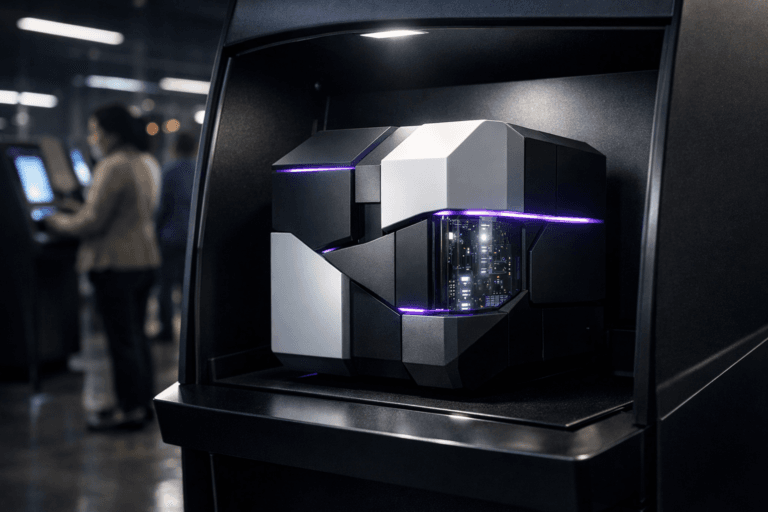 A photorealistic medium-wide cinematic shot, camera positioned approximately 1–2 meters from the subject, capturing a sleek physical edge-computing hub as the hero object: a compact, sculptural terminal mounted inside a modern self-service voting kiosk, its chassis formed by interlocking isometric geometric blocks in matte dark metal and satin white, with translucent panels revealing faint circuitry and status indicators, clearly readable and plausibly real within the scene. The object integrates subtle electric-purple #7B63FF accents along thin light strips and edge lines to indicate intelligence and real-time processing activity without overpowering realism. Set in a dimly lit tech-noir civic center corridor filled with rows of self-service voting and check-in kiosks, polished concrete floor, glass partitions with reflections of distant city lights, and soft ambient glow from overhead linear fixtures; a few diverse people queueing and interacting with nearby kiosks appear in the background and periphery, dressed in contemporary smart-casual clothing, slightly out of focus. Lighting is low-key and practical, driven by kiosk screens, overhead fixtures, and a cool ambient spill from a side window, complemented by a soft integrated white spotlight from above and slightly to the side of the edge-computing hub, gently revealing form, texture, and depth on its surfaces. Cinematic realism, natural shallow-to-medium depth of field, subtle reflections, premium materials, ultra-detailed, 8K, no captions, no interface text, no watermarks.