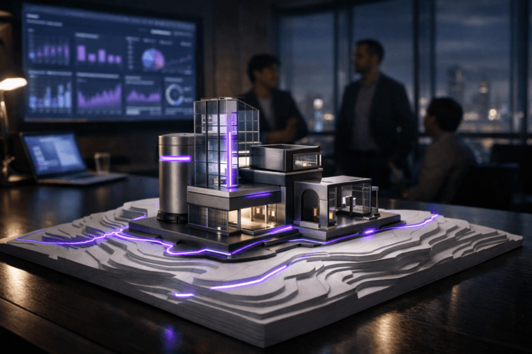 A photorealistic medium-wide cinematic shot, camera positioned approximately 1–2 meters from the subject, capturing a sleek tabletop physical sculpture representing EdTech: a stack of interlocking glass and brushed-metal modules arranged like a miniature hybrid between a campus and a data center, resting on a white layered topographic paper map made of cut-out paper strata, its contour lines subtly illuminated, with thin electric-purple (#7B63FF) light traces running through the modules and along the map to indicate data flows and intelligence, clearly readable within a realistic environment. The object integrates subtle electric-purple accents indicating intelligence or activity without overpowering realism, combined with neutral graphite, silver, and soft white tones. Set in a dimly lit university innovation lab and strategy war room at night, with the sculpture placed on a large meeting table, a wall-sized analytics dashboard screen and laptop displays casting cool bluish and purple reflections, glass walls revealing a soft futuristic city skyline outside; a small group of diverse educators and IT professionals is present in the background and periphery, slightly out of focus, standing and seated in candid discussion around the table, their faces neutral and professional. Lighting is low-key and practical, coming from the dashboard screens, a desk lamp, and discreet ceiling fixtures, complemented by a soft integrated white spotlight from the side that gently reveals the form, texture, and depth of the sculpture and the layered paper map. Cinematic realism, 35mm–50mm look, natural shallow-to-medium depth of field, premium materials, ultra-detailed, 8K, no text, no captions, no watermarks.