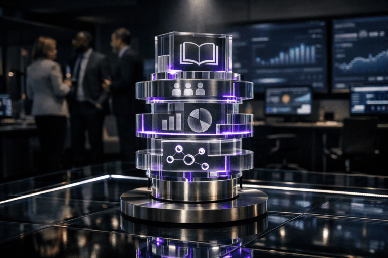 A photorealistic medium-wide cinematic shot, camera positioned approximately 1–2 meters from the subject, capturing a sleek, waist-high physical sculpture that represents Corporate Education: a premium glass-and-brushed-metal totem emerging from a thick tempered-glass floor, composed of interlocking translucent blocks and circular layers symbolizing skills, teams, and data dashboards, softly illuminated from within, clearly readable within a realistic environment. The object integrates subtle electric-purple (#7B63FF) accents along its internal light channels and engraved icon edges, indicating intelligence and real-time analytics activity without overpowering realism. Set in an ultra-modern corporate analytics command room at night, built over a sturdy tempered-glass floor with LED strips embedded along the borders, neutral gray walls and dark polished surfaces, surrounded by large wall-mounted screens and desk monitors showing softly blurred learning dashboards and performance charts, with a small group of diverse professionals from HR, L&D, and business leadership standing and conversing in the background, naturally posed and slightly out of focus at the periphery. Lighting is low-key and practical, coming from the screens, the LED edges in the glass floor, and discreet ceiling fixtures, complemented by a soft integrated white spotlight from above that gently reveals the sculpture’s form, texture, and depth, casting nuanced reflections across the glass panels. Cinematic realism, 35mm–50mm lens look, natural shallow-to-medium depth of field, premium materials, ultra-detailed, subtle Tech-Noir mood, neutral corporate palette with restrained electric-purple neon accents, no captions, no text overlays, no watermarks.