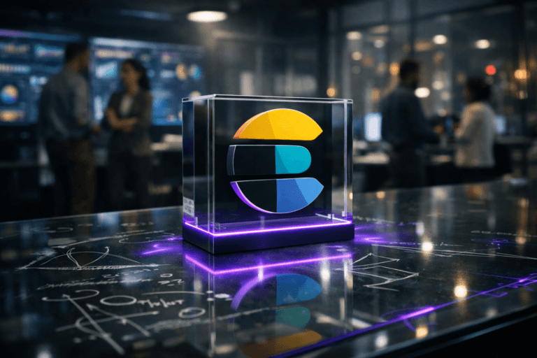 A photorealistic medium-wide cinematic shot, camera positioned approximately 1–2 meters from the subject, capturing a solid 3D acrylic ElasticSearch logo sculpture in clean isometric form, featuring the official multicolor ElasticSearch logo clearly visible on its front face, resting on a sleek glass tabletop covered with soft, partially erased white-marker analytics equations, graphs and symbols, as if the glass itself is used as a brainstorming whiteboard within a real office. The object integrates subtle electric-purple #7B63FF accents, with a thin neon-like edge light along the base and faint purple reflections and circuitry-like highlights on the glass, suggesting intelligence and constant data activity without overpowering realism. Set in a dimly lit, modern Tech-Noir data-operations war room in a contemporary tech company at night, with blurred large wall screens showing colorful but unreadable dashboards and charts, glass walls reflecting city lights and distant neon from outside, and a few diverse professionals in business-casual attire moving and collaborating in the background, softly out of focus with neutral, candid expressions. Lighting is low-key and practical, coming from the surrounding monitors, a distant ceiling fixture and a soft integrated white spotlight from above and slightly to the side, gently revealing the logo’s form, glossy and matte textures, and the depth of the glass surface while keeping the background moody and atmospheric. Cinematic realism, 35mm lens look, natural shallow-to-medium depth of field, neutral corporate color palette with restrained neon accents, premium materials, ultra-detailed, 8K, no captions, no visible interface text, no watermarks.