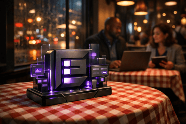 A photorealistic medium-wide cinematic shot, camera positioned approximately 1–2 meters from the subject, capturing a solid physical 3D isometric sculpture of the official Elementor logo standing on a classic restaurant table with a red-and-white checkered tablecloth, the logo crafted from premium matte metal and smoked glass, its “E” mark clearly visible and illuminated by subtle electric-purple #7B63FF accents that suggest intelligent activity, with thin semi-transparent holographic panels and widget-like blocks rising from its base like a compact cockpit dashboard, and the Elementor interface softly visible on an open laptop beside it. The object integrates subtle electric-purple accents indicating intelligence or activity without overpowering realism. Set in a modern urban restaurant interior at night, the checkered-tablecloth table is near a large window looking out onto a rain-slick city street, where blurred car lights and muted neon signage cast reflections into the room; other diners and a server move in soft focus in the background, while two diverse marketing professionals sit at the table in the periphery, naturally posed and slightly out of focus, collaborating over the laptop and a tablet, their faces gently lit by screen glow so the Elementor logo sculpture remains the clear hero. Lighting is low-key and practical, coming from warm pendant lamps above, the laptop screens, and the city lights outside, complemented by a soft integrated white spotlight from above and slightly to the side that gently reveals the form, texture, and depth of the Elementor logo object, the checkered fabric, and the tabletop. Neutral corporate tones in the environment—dark wood, charcoal, and soft beige—are contrasted with restrained neon-style accents in electric purple and cool cyan reflections on glass and metal, creating a subtle Tech-Noir mood. Cinematic realism, natural shallow-to-medium depth of field, premium materials, ultra-detailed, 8K, no captions, no text overlays, no watermarks, no legible interface text.