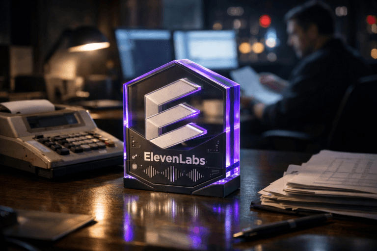 A photorealistic medium-wide cinematic shot, camera positioned approximately 1–2 meters from the subject, capturing a solid 3D acrylic ElevenLabs logo sculpture as the hero object, designed with clean isometric-style geometry and premium materials, the official ElevenLabs logo clearly visible and neatly embossed on the front face, with subtle engraved sound-wave motifs and small audio-interface details suggesting advanced AI voice technology, placed naturally on a slightly cluttered accountant’s desk beside an old, bulky mechanical calculator and neatly stacked financial documents. The object integrates subtle electric-purple (#7B63FF) accents along its edges and as a faint internal glow, indicating intelligence and activity without overpowering realism. Set in a real-world Tech-Noir office environment at night, a contemporary accounting workspace with dark wood desk, dual computer monitors casting cool light, distant city lights and neon reflections through a window, and a softly blurred professional accountant in the background reviewing paperwork and working on a laptop, adding natural human presence without stealing focus. Lighting is low-key and practical, coming from desk lamps, computer screens and window glow, complemented by a soft integrated white spotlight from the side that gently reveals the form, texture and depth of the ElevenLabs logo sculpture and the worn texture of the old calculator. Cinematic realism, natural shallow-to-medium depth of field, neutral corporate color palette with restrained electric-purple accents, ultra-detailed, premium materials, 8K resolution, no captions, no text overlays, no watermarks.