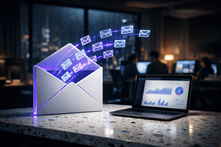 A photorealistic medium-wide cinematic shot, camera positioned approximately 1–2 meters from the subject, capturing a large matte-white envelope-shaped acrylic sculpture as the hero object, standing upright on a white terrazzo (granilite) surface with colorful stone chips, its open flap emitting multiple smaller envelope icons made of translucent glass and holographic light, arcing outward like precise shooting stars in midair, with a nearby sleek laptop subtly displaying a generic email analytics dashboard representing an advanced email marketing platform (no readable text or real-world brand logos) clearly readable within a realistic environment. The object integrates subtle electric-purple (#7B63FF) accents along the edges of the main envelope and within the luminous trails of the smaller envelopes, indicating intelligence and digital activity without overpowering realism. Set in a moody tech-noir digital marketing war-room office at night, with the terrazzo surface as a central worktable, blurred floor-to-ceiling windows revealing a rainy city skyline and multiple softly glowing monitors in the background, where a few out-of-focus, diverse professionals collaborate around screens at the periphery. Lighting is low-key and practical, coming from computer monitors, a distant desk lamp and soft city glow, complemented by a soft integrated white spotlight from above and slightly to the side, gently revealing the envelope sculpture’s form, the terrazzo texture and the glassy mini-envelopes while letting the surroundings fall into rich shadows. Cinematic realism, 35mm lens look, natural shallow-to-medium depth of field, neutral corporate color palette with restrained neon purples and cool cyans, premium materials, ultra-detailed, 8K, no text overlays, no captions, no watermarks.