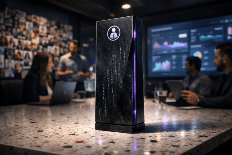 A photorealistic medium-wide cinematic shot, camera positioned approximately 1–2 meters from the subject, capturing a tall, sleek black stone-and-glass monolith device standing on a white terrazzo conference table with colorful stone chips, its surface subtly engraved with softly glowing data-like glyphs and a discreet, generic circular brand ambassador analytics logo near the top, clearly readable within a realistic environment. The object integrates subtle electric-purple accents indicating intelligence or activity without overpowering realism. Set in a dim, high-end corporate meeting room at night, glass walls revealing a distant city skyline with soft neon reflections, a wall-sized mosaic of pinned photographs of real customers on one side and a large wall-mounted screen on the other displaying blurred influencer-marketing dashboards, charts, and ROI metrics, with a diverse marketing team seated and standing around the table in the background, casually discussing results with open laptops and tablets, slightly out of focus. Lighting is low-key and practical, coming from the wall screen, laptops, and a few ceiling fixtures, complemented by a soft integrated white spotlight from above and slightly to the side of the monolith, gently revealing form, polished stone texture, and fine engraving depth. Cinematic realism, natural depth of field, premium materials, ultra-detailed, 8K, no text overlays, no watermarks.