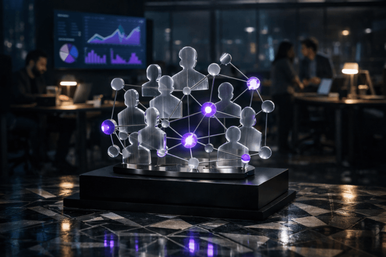 A photorealistic medium-wide cinematic shot, camera positioned approximately 1–2 meters from the subject, capturing a sleek real-world hero object: a semi-transparent glass and brushed-metal tabletop sculpture symbolizing “Engaged Users”, formed by a cluster of stylized human silhouettes and circular data nodes connected by thin metallic lines, with a few core nodes gently illuminated from within in electric purple (#7B63FF), placed on a low matte-black pedestal that rests on an intricate, complex geometric mosaic floor, all details crisp and clearly readable within a realistic office environment. The object integrates subtle electric-purple accents indicating intelligence or activity without overpowering realism. Set in a modern open-plan product squad workspace at night in a Tech-Noir mood, with the geometric mosaic floor extending through the room, a large wall-mounted TV in the midground displaying an abstract real-time analytics dashboard (charts and graphs, no legible text), contemporary desks with laptops and soft desk lamps, glass walls revealing a faint futuristic city skyline with restrained neon reflections, and a few diverse product team members collaborating in the background and periphery, naturally posed, professionally dressed, slightly out of focus. Lighting is low-key and practical, coming from screens, desk lamps and subtle ceiling fixtures, complemented by a soft integrated white spotlight from above and slightly to the side of the sculpture, gently revealing form, texture, and depth, with soft reflections on the mosaic tiles. Cinematic realism, natural shallow-to-medium depth of field, premium materials, subtle Tech-Noir color palette of cool blues, charcoals and restrained electric-purple accents, ultra-detailed, 8K, no captions, no text overlays, no watermarks.
