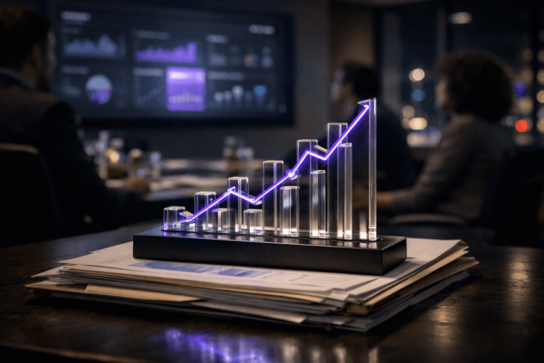A photorealistic medium-wide cinematic shot, camera positioned approximately 1–2 meters from the subject, capturing a stylized physical desktop sculpture that visualizes Engagement Rate: a sleek translucent glass bar-and-line graph with clean, almost isometric geometry rising from a matte black base, one prominent data line glowing subtly in electric purple, resting on a neatly stacked pile of printed marketing reports and manila folders on a modern meeting room table, clearly readable within a realistic environment. The object integrates subtle electric-purple accents indicating intelligence or activity without overpowering realism. Set in a dimly lit corporate marketing war-room at night, with a large wall-mounted TV in the background displaying a live marketing analytics dashboard made of mostly graphical charts, one engagement panel softly highlighted, a diverse team of marketing professionals gathered around the screen in soft focus, city lights and muted neon reflections (purple and cyan) filtering through a glass wall, with neutral corporate tones of charcoal, slate gray and soft beige dominating the space, with restrained neon accents, with natural human presence in the background or periphery. Lighting is low-key and practical, driven by the cool glow of the dashboard screen and table lamps, complemented by a soft integrated white spotlight from above or the side, gently revealing form, texture, and depth on the Engagement Rate sculpture, documents and table surface. Cinematic realism, natural depth of field, premium materials, ultra-detailed, 8K, no captions, no text overlays, no readable UI text, no watermarks.