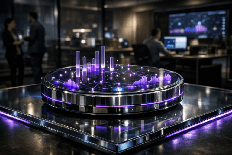 A photorealistic medium-wide cinematic shot, camera positioned approximately 1–2 meters from the subject, capturing a sleek glass-and-metal “community engagement core” hero object clearly readable within a realistic environment — a premium circular data-sculpture resting on a thick tempered glass floor, its surface composed of integrated mini-screens with abstract graphs, rising translucent metric bars, and interconnected node-like lights subtly glowing to represent active members and interactions, with soft electric-purple (#7B63FF) accents running through the LED details and interface elements to indicate intelligent real-time activity without overpowering realism. The object sits on an elevated section of thick tempered glass flooring with clean beveled edges and LED strips embedded along the borders, casting a gentle electric-purple and cool white glow onto the floor. Set in a modern tech-noir corporate command center at night, with dim ambient light, large wall-mounted displays and glass partitions in the midground, and a few diverse professionals in smart-casual attire working at desks and standing in conversation in the softly blurred background, their faces lit by monitor light, providing natural human presence without competing with the hero object. Lighting is low-key and practical, coming from screens, subtle ceiling fixtures, and the LED edges of the glass floor, complemented by a soft integrated white spotlight from above and slightly to the side that gently reveals the form, texture, and reflections of the hero object and glass surface, with controlled highlights and deep but detailed shadows. Neutral corporate tones (charcoal, graphite, soft beige, muted metallics) dominate the palette, with restrained electric-purple accents and occasional cool cyan reflections adding a subtle tech-noir atmosphere. Cinematic realism, natural shallow-to-medium depth of field, 35mm–50mm photographic look, premium materials, ultra-detailed, 8K, no captions, no text overlays, no logos, no watermarks.
