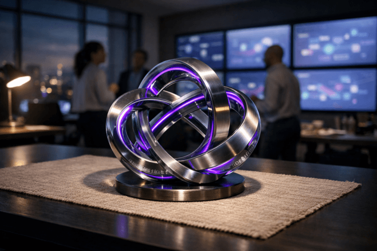 A photorealistic medium-wide cinematic shot, camera positioned approximately 1–2 meters from the subject, capturing a tangible centerpiece sculpture embodying customer engagement: a polished glass and brushed-metal ring structure forming an interconnected loop, about the size of a table lamp, resting on a neutral raw-linen woven fabric runner atop a modern dark workstation desk, with crisp physical edges, subtle reflections, and clearly readable form within a realistic environment. The object integrates subtle electric-purple (#7B63FF) accents along its inner edges and connection points, suggesting intelligent data flow and activity without overpowering realism. Set in a late-evening corporate customer-experience war room in a modern office, with walls of large, softly glowing monitors showing abstract, de-focused analytics and journey maps, cool neutral interiors, and distant city lights through tall windows, while a few diverse professionals in business-casual attire move and collaborate naturally in the background, slightly out of focus. Lighting is low-key and practical from overhead panels, monitor glow, and a nearby desk lamp, complemented by a soft integrated white spotlight from the side that gently reveals the sculpture’s form, texture, and depth against the textured linen and dark desk surface. Cinematic realism, 35mm lens look, natural shallow-to-medium depth of field, premium materials, ultra-detailed, 8K, no captions, no text overlays, no watermarks.