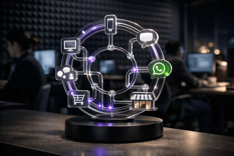 A photorealistic medium-wide cinematic shot, camera positioned approximately 1–2 meters from the subject, capturing a premium tabletop hero sculpture that physically represents omnichannel customer engagement: a solid, metro-map–like network object made of interlocking translucent acrylic lines and rounded nodes arranged in a circular flow, each node a small, backlit 3D icon for a website, mobile app, chat bubble, WhatsApp-style message, physical store front, marketplace cart, and social media, mounted on a matte black pedestal over a clean desk surface, clearly readable within a realistic environment. The object integrates subtle electric-purple (#7B63FF) accent lighting pulsing gently along a few of the acrylic paths and around key nodes to suggest intelligence and real-time orchestration, without overpowering the neutral metallic and glass materials. Set in a modern tech-noir customer experience operations studio, with a dark gray egg-crate acoustic foam wall as the main backdrop, minimalist workstations with softly glowing monitors and devices receding into the background, and a hint of nighttime city light leaking through a side window; a few diverse professionals are visible out of focus in the periphery, working at screens and collaborating quietly. Lighting is low-key and practical, coming from the monitors and a few subtle overhead fixtures, complemented by a soft integrated white spotlight from the side that gently reveals the sculpture’s form, texture, and depth while allowing the room to fall off into shadow. Cinematic realism, natural shallow-to-medium depth of field, premium materials, ultra-detailed, 8K, no text, no captions, no watermarks.