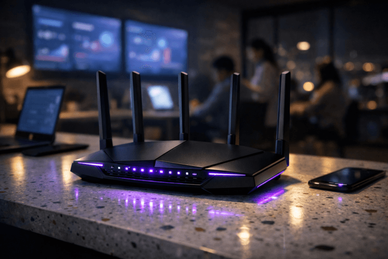 A photorealistic medium-wide cinematic shot, camera positioned approximately 1–2 meters from the subject, capturing a sleek black Wi‑Fi router with multiple antennas and animated activity lights, styled as a premium connected hub for data-driven social media marketing, placed on a white terrazzo (granilite) desk with small colorful stone chips, clearly readable within a realistic environment. The object integrates subtle electric-purple (#7B63FF) accents along the LED indicators, edges, and reflections on the terrazzo surface, indicating intelligence and constant social engagement analysis without overpowering realism. Set in a dimly lit, modern Brazilian marketing agency office at night, with large wall-mounted screens in soft focus displaying abstract, text-free social media dashboards and graphs, open laptops and smartphones on nearby desks, and a small, diverse team of marketing professionals collaborating in the background and periphery, naturally blurred. Lighting is low-key and practical, coming from the wall screens, desk lamps, and city glow through a distant window, complemented by a soft integrated white spotlight from the side that gently reveals the router’s form, texture, and depth. Cinematic realism, natural shallow-to-medium depth of field, neutral corporate color palette with restrained neon purple accents, premium materials, ultra-detailed, 8K, no text, no watermarks.