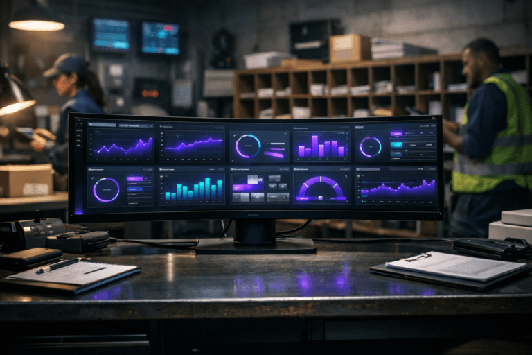 A photorealistic medium-wide cinematic shot, camera positioned approximately 1–2 meters from the subject, capturing a sleek ultra-wide executive command dashboard screen on a sturdy mail-sorting worktable, styled as a command center with multiple glowing indicators, graphs, and highlighted KPI tiles (no legible text), the physical monitor framed by minimal matte-black hardware and tidy cabling, clearly readable within a realistic environment. The object integrates subtle electric-purple #7B63FF accents pulsing across key interface elements to suggest intelligent, data-driven reliability monitoring, without overpowering the neutral corporate palette of soft grays, charcoal, muted wood tones, and restrained cyan highlights. Set in a dimly lit logistics back office that doubles as a mail-sorting station, with rows of worn wooden cubbyholes and sorted envelopes in the background, partially modernized with additional wall-mounted monitors, sensor readouts, and industrial details hinting at reliability operations; a few diverse maintenance and operations professionals move naturally in the periphery and background, slightly out of focus, reviewing tablets and paper checklists while glancing toward the main dashboard. Lighting is low-key and practical, coming from the glow of the dashboard screens, a few overhead industrial fixtures, and a side desk lamp, complemented by a soft integrated white spotlight from above and slightly to the side, gently revealing form, texture, and depth on the monitor, worktable surface, and wooden cubbies; subtle tech-noir atmosphere with cool blue-gray shadows and faint reflections of neon-like purple accents on nearby surfaces. Cinematic realism, natural depth of field, premium materials, ultra-detailed, 8K, no captions, no text overlays, no watermarks.