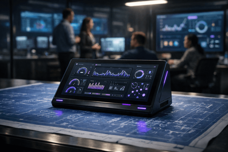 A photorealistic medium-wide cinematic shot, camera positioned approximately 1–2 meters from the subject, capturing a sleek executive analytics console as the hero object: a premium matte-black tablet-sized command-center device resting on a large blue engineering blueprint sheet that is spread flat across a modern operations table. The console’s slightly tilted glass screen faces the camera, clearly readable, filled with intricate but text-free system dashboards, gauges, latency graphs, and reliability indicators, all rendered as clean UI elements; thin light bars along the device edges and key data widgets glow subtly in electric purple accents, suggesting intelligent real-time SRE monitoring activity without overpowering realism. The object integrates subtle electric-purple accents indicating intelligence or activity without overpowering realism. Set in a dim, Tech-Noir site reliability “war room” in a modern corporate office at night: the blueprint-covered table sits in the foreground, with glass walls behind it revealing rows of softly glowing monitors and large wall-mounted dashboards, blurred but legible as abstract charts; a few diverse SRE engineers and product managers stand and sit in the background, slightly out of focus, discussing an incident around the glowing screens, wearing smart-casual attire, their faces lit by monitor light. Lighting is low-key and practical, driven by the console screen, surrounding monitors, and a single soft white spotlight from above the table, gently revealing the texture of the blueprint paper, brushed metal table edges, and the refined materials of the device; cool neutral tones dominate the room with restrained electric-purple and teal reflections on glass and metal for a subtle Tech-Noir atmosphere. Cinematic realism, 35mm lens look, natural depth of field with the hero console and blueprint sharply in focus and the humans and background slightly blurred, premium materials, ultra-detailed, 8K, no captions, no text overlays, no watermarks.