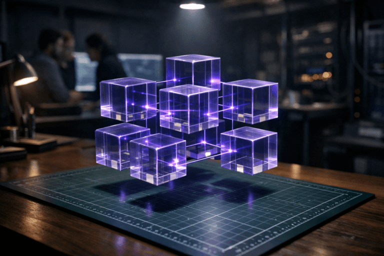 A photorealistic medium-wide cinematic shot, camera positioned approximately 1–2 meters from the subject, capturing a cluster of semi-transparent acrylic “data” cubes, each about the size of a coffee mug, arranged in a precise geometric formation and gently levitating a few centimeters above a green cutting mat with a white measurement grid on a modern wooden desk, clearly readable within a realistic environment. The object integrates subtle electric-purple (#7B63FF) edge glows and fine light lines linking the cubes like a structured pipeline, indicating intelligence, organization, and real-time activity without overpowering realism. Set in a dim, late-night data engineering workspace: a real-world tech office with a long workbench, multiple softly glowing monitors showing defocused dashboards and code, server racks and cabling fading into shadow, and a few diverse data professionals collaborating and gesturing around screens in the background, slightly out of focus so the cubes remain the hero. Lighting is low-key and practical, coming from monitor glow, a desk lamp, and a soft integrated white spotlight from above that gently reveals the form, texture, and depth of the cubes, the cutting mat grid, and the desk surface, with reflections hinting at premium materials. Cinematic realism, subtle tech-noir mood with cool neutrals and restrained neon purple accents, natural shallow-to-medium depth of field, 35mm–50mm lens look, ultra-detailed, 8K, no captions, no visible text, no watermarks.