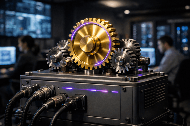 A photorealistic medium-wide cinematic shot, camera positioned approximately 1–2 meters from the subject, capturing a large polished golden master gear mechanically driving several smaller brushed-steel gears, all mounted on top of an industrial gray electrical distribution box with realistic cabling, vents, and hardware details, clearly readable within a realistic environment. The object integrates subtle electric-purple #7B63FF LED accents along the gear teeth and slim indicator lines on the box, suggesting intelligent activity and data flow without overpowering realism. Set in a dark, high-end AI operations control room at night, with wall-mounted screens casting cool reflections, server racks softly glowing in the background, and softly blurred, diverse professionals in business-casual attire working at their stations in the periphery. Lighting is low-key and practical, coming from monitors, small indicator lights, and a soft integrated white spotlight from the upper side that gently sculpts the gears and the distribution box, revealing fine metal textures, reflections, and depth. Cinematic realism, 35mm lens look, natural shallow-to-medium depth of field with the hero object crisply in focus and the environment slightly blurred, neutral corporate color palette with restrained neon purple accents, premium materials, ultra-detailed, 8K, no captions, no text overlays, no watermarks.