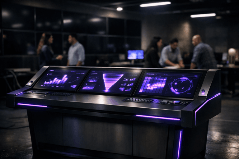 A photorealistic medium-wide cinematic shot, camera positioned approximately 1–2 meters from the subject, capturing a sleek, waist-high executive control console styled as a physical command-center dashboard for data-driven usability engineering, with multiple integrated glass touchscreen panels displaying abstract luminous KPIs, funnels and heatmaps (no readable text), premium matte-black and brushed-metal surfaces, and subtle electric-purple #7B63FF edge lighting and indicator glows, clearly readable and centered within a realistic environment. The object integrates subtle electric-purple accents indicating intelligence or activity without overpowering realism. Set in a modern Tech-Noir control room that feels like a product “war room”, with a long wall of large turned-off monitors in the background holding dark reflections, a few secondary screens casting faint cool light, cables and minimalist furniture suggesting a working space, and a small group of diverse UX, product and data professionals in business-casual attire moving and collaborating in the background, softly out of focus. Lighting is low-key and practical, coming from the console screens and a few overhead fixtures, complemented by a soft integrated white spotlight from above and slightly to the side of the hero console, gently revealing form, texture, and depth while leaving the corners of the room in shadow. Shot on a 35mm lens, cinematic realism, natural shallow-to-medium depth of field, premium materials, ultra-detailed, 8K, no captions, no text overlays, no watermarks.