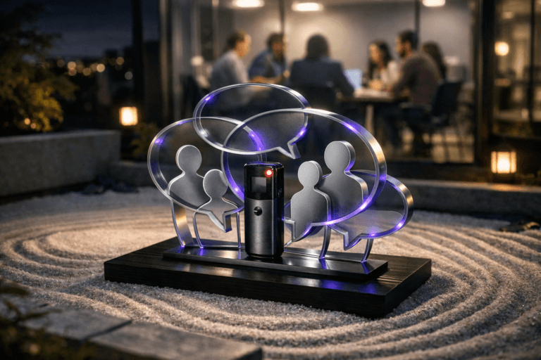 A photorealistic medium-wide cinematic shot, camera positioned approximately 1–2 meters from the subject, capturing a polished tabletop sculpture made of glass and brushed metal that represents user interviews — overlapping translucent speech bubbles and minimalist human silhouettes emerging around a sleek digital voice recorder with a small red recording light, resting on a low dark-wood platform lightly framed by fine white sand patterns — clearly readable within a realistic environment. The object integrates subtle electric-purple #7B63FF accents along its edges and within soft internal glow lines, indicating intelligence or activity without overpowering realism. Set in a nighttime rooftop zen garden with white sand carefully raked into flowing wave patterns, enclosed by minimalist concrete borders and adjacent to the glass façade of a modern UX research lab glowing softly in the background, with a diverse group of professionals in soft focus inside, seated around a table with laptops and notebooks in a candid user-interview session, with natural human presence in the background or periphery. Lighting is low-key and practical, coming from the interior office lights, a few discreet ground lanterns along the zen garden, and screen reflections, complemented by a soft integrated white spotlight from above and slightly to the side of the sculpture, gently revealing form, texture, and depth. Cinematic realism, subtle tech-noir mood, neutral corporate tones with restrained neon purple accents, natural depth of field, premium materials, ultra-detailed, 8K, no captions, no text overlays, no watermarks.