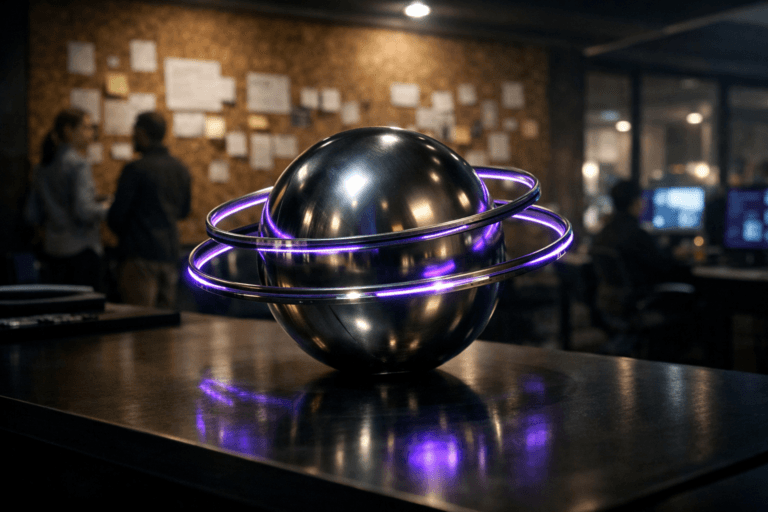 A photorealistic medium-wide cinematic shot, camera positioned approximately 1–2 meters from the subject, capturing a refined real-world hero object: a polished, solid metallic sphere about the size of a basketball, encircled by three ultra-thin metallic and glass rings subtly levitating millimeters from its surface like a compact fusion reactor core, resting on a sleek dark desk in front of a richly textured natural cork wall, clearly readable within a realistic environment. The object integrates subtle electric-purple accents indicating intelligence or activity without overpowering realism, with soft neon purple light running along the inner edges of the rings and faint reflections on the sphere and desk surface. Set in a dim, modern Tech-Noir digital product war-room at night, with the large natural cork wall in the background used as a kanban board covered in pinned papers and sticky notes, glass-walled meeting rooms and computer workstations in the distance, and a few softly blurred, diverse professionals collaborating near the wall, with natural human presence in the background or periphery. Lighting is low-key and practical, complemented by a soft integrated white spotlight from above and a side glow from nearby monitors, gently revealing form, texture, and depth. Cinematic realism, 35mm lens look, natural depth of field, premium materials, ultra-detailed, 8K, no captions, no text overlays, no watermarks.