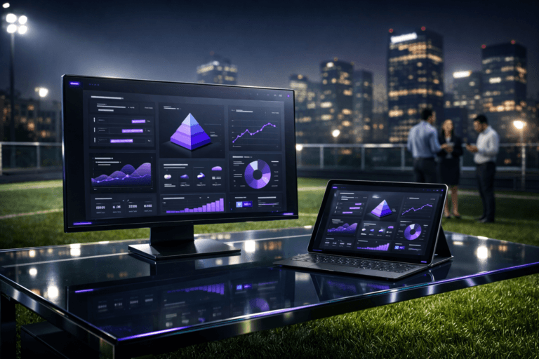 A photorealistic medium-wide cinematic shot, camera positioned approximately 1–2 meters from the subject, capturing a sleek glass-topped workstation resting directly on a perfectly manicured, vibrant green synthetic grass field, dominated by a large ultra-thin frameless monitor and companion tablet displaying a contemporary 3D isometric SaaS fundraising dashboard interface, with clean cards, charts, and KPIs representing an equity crowdfunding campaign, the screens angled slightly toward the camera so the interface layout is clearly readable within a realistic environment. The object integrates subtle electric-purple accents indicating intelligence or activity without overpowering realism, with fine electric-purple #7B63FF highlights tracing key graph lines, interface borders, and soft reflections along the glass edges. Set in a night-time rooftop synthetic soccer pitch in a Latin American financial district, the perfectly cut artificial turf extending into the midground, framed by low glass safety railings, with a hazy city skyline of modern office towers and soft neon signage in the background, and a few out-of-focus diverse professionals in business-casual attire at the periphery, casually discussing strategy and checking their own devices, secondary to the central dashboard. Lighting is low-key and practical, coming from the glowing dashboard screens, a few distant stadium-style field lights, and scattered city windows, complemented by a soft integrated white spotlight from above and slightly to the side, gently revealing form, texture, and depth on the monitor, devices, and individual blades of synthetic grass. Cinematic realism, natural shallow-to-medium depth of field, premium materials, ultra-detailed, 8K, neutral corporate palette of cool grays, deep blues, and charcoal with restrained electric-purple #7B63FF accents, no captions, no readable text, no text overlays, no watermarks.