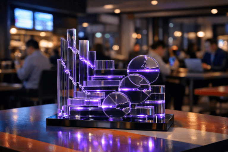 A photorealistic medium-wide cinematic shot, camera positioned approximately 1–2 meters from the subject, capturing a stylized physical data sculpture representing “Error Rate”: a sleek, real-world glass and acrylic tabletop sculpture built from stacked translucent bars and circular dials, some segments cracked, offset or partially missing to suggest corrupted metrics and data loss, with tiny embedded LED strips and subtle electric-purple #7B63FF accents glowing between the pieces, sitting solidly on a clean surface and clearly readable within the frame. The object integrates subtle electric-purple accents indicating intelligence or activity without overpowering realism. Set in a modern indoor food court at night in a contemporary shopping mall, on a colorful cafeteria table with soft reflections, neutral corporate tones in the environment (charcoal, soft grays, muted blues) and restrained neon accents from signage, blurred diverse people in business-casual clothing eating, checking phones and working on laptops in the background, large windows and digital menu screens casting a mix of cool blue and warm amber light that creates a subtle Tech-Noir, data-driven ambiance. Lighting is low-key and practical, complemented by a soft integrated white spotlight from above or the side, gently revealing the sculpture’s form, texture and depth while the background falls into a natural shallow-to-medium depth of field. Cinematic realism, premium materials, ultra-detailed, 8K, no text, no captions, no logos, no watermarks.
